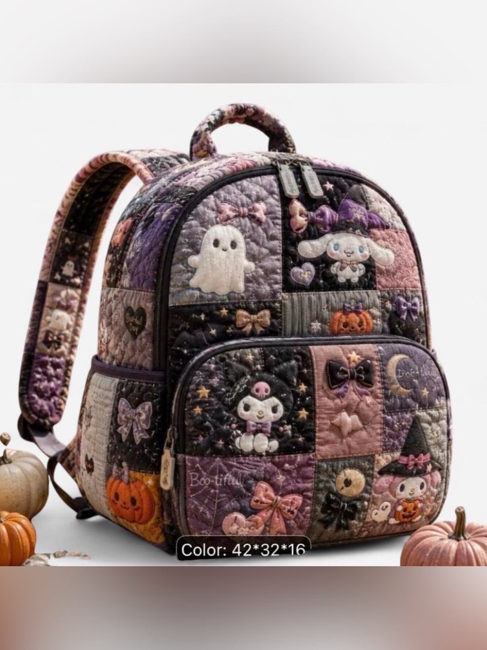 Quilted Halloween Kuromi Patchwork Backpack - Purple & Black